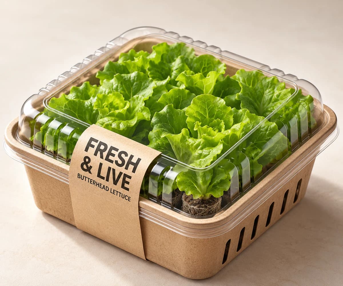 Packaging concept for living butterhead lettuce.