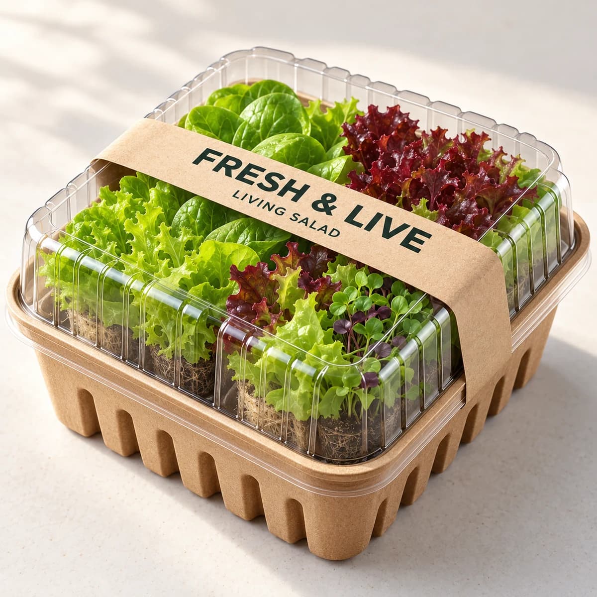 Product concept showing a tray of living salad plants under a clear cover.