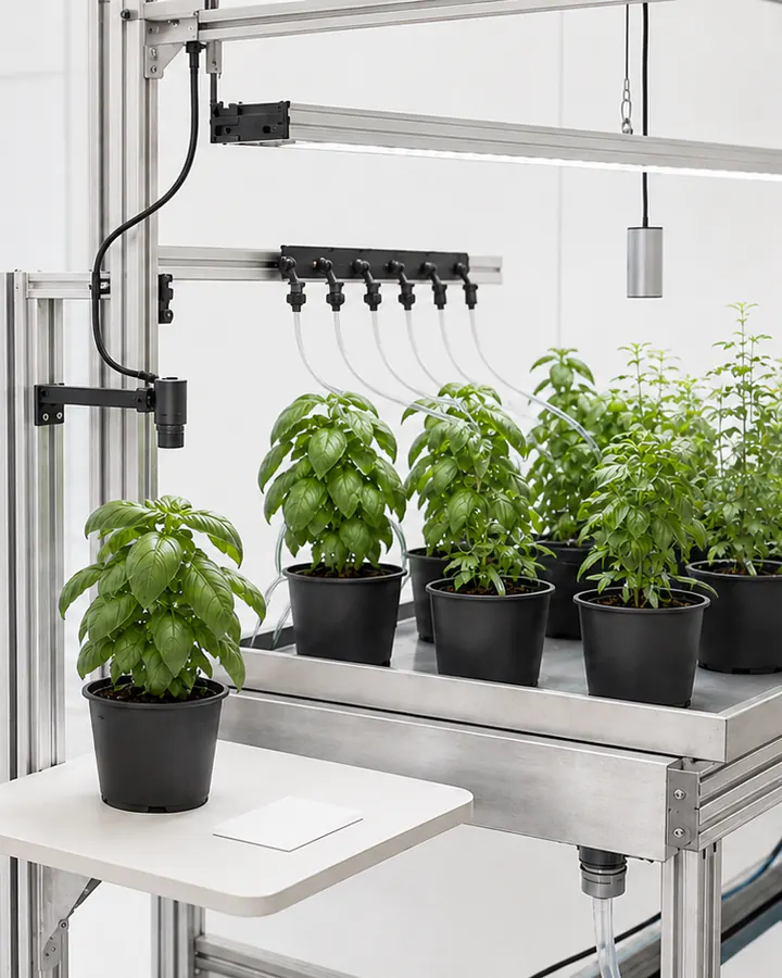 Illustrative controlled-environment crop trial with potted plants, irrigation, lighting, and observation equipment.