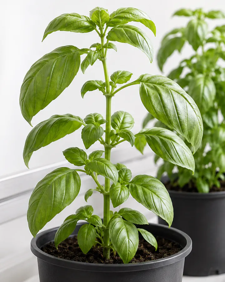 Illustrative close crop-development view of a potted specimen showing a clear sequence of nodes, branching, leaf attachment, and a same-crop comparison plant.